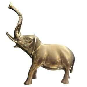 Vtg Brass Elephant Figure African Elephant Trunk Up Good Luck Large Statue 10”